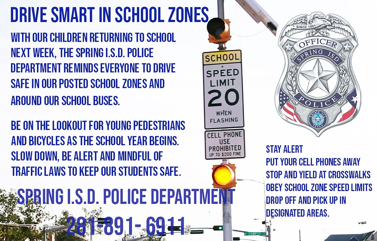 Spring_ISD_PD's tweet image. With the Spring I.S.D classes starting next Tuesday, August 12th, please be mindful of our scholars returning to school.
School days mean busses picking up passengers, children on bikes rushing to get to school and parents picking up and dropping off their children.