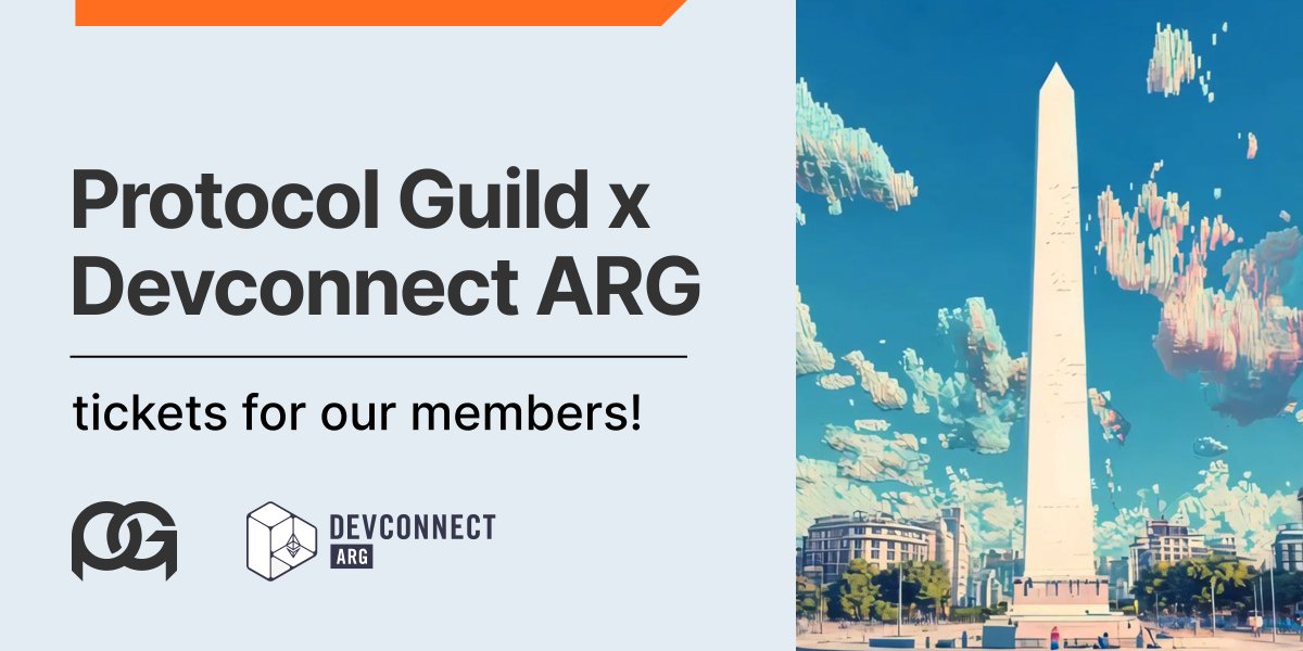 Protocol Guild (@protocolguild) on Twitter photo new collab!
⭐️ all <a href="/ProtocolGuild/">Protocol Guild</a> members can claim one free ticket for <a href="/EFDevcon/">Devconnect ARG</a> Devconnect ARG in Nov. ⭐️
event access is great way to support core devs and help bridge their knowledge to the broader community - we appreciate it! 🙏 new collab!
⭐️ all <a href="/ProtocolGuild/">Protocol Guild</a> members can claim one free ticket for <a href="/EFDevcon/">Devconnect ARG</a> Devconnect ARG in Nov. ⭐️
event access is great way to support core devs and help bridge their knowledge to the broader community - we appreciate it! 🙏