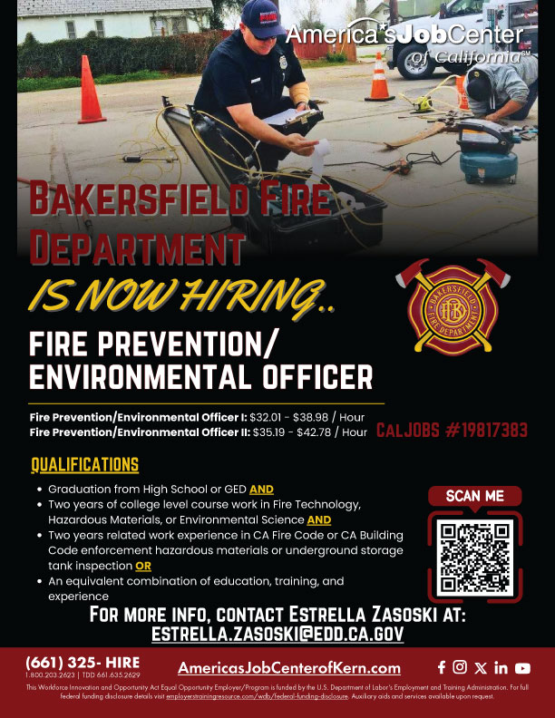 America's Job Center of Kern (@ajcckern) on Twitter photo Bakersfield Fire Department is #NowHiring! 👨🏻🚒
Fire Prevention/Environmental Officer I/II (Salary: $32.01 - $42.78/hr.)
Apply online: governmentjobs.com/careers/bakers… | For more info, contact Estrella Zasoski: estrella.zasoski@edd.ca.gov
#AJCCKern #BakersfieldJobs Bakersfield Fire Department is #NowHiring! 👨🏻🚒
Fire Prevention/Environmental Officer I/II (Salary: $32.01 - $42.78/hr.)
Apply online: governmentjobs.com/careers/bakers… | For more info, contact Estrella Zasoski: estrella.zasoski@edd.ca.gov
#AJCCKern #BakersfieldJobs