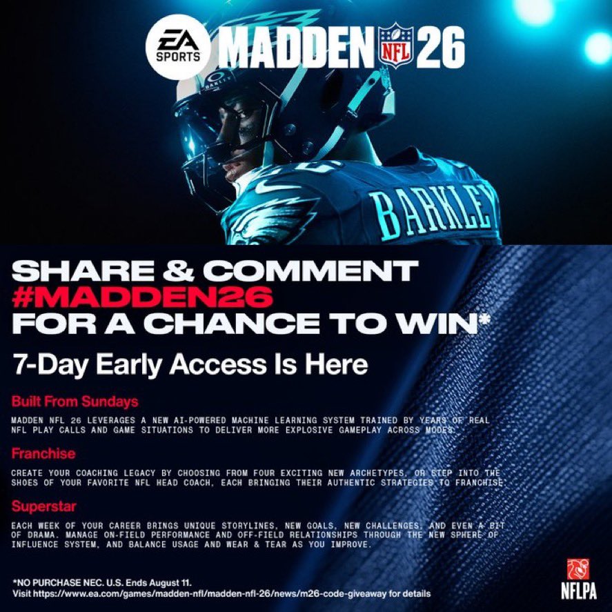 Logan Ryan (@realloganryan) on Twitter photo New NFL Season = New Game ππ
Iβm giving away some FREE codes for Madden 26! (2 on each console)
Play Now 7 Days Early! How to enter:
1.) Retweet & Like this post
2.) Follow <a href="/RealLoganRyan/">Logan Ryan</a>
3.) Comment your favorite NFL player & #Madden26
*Winners announced on 8/11/25* π€πΎ New NFL Season = New Game ππ
Iβm giving away some FREE codes for Madden 26! (2 on each console)
Play Now 7 Days Early! How to enter:
1.) Retweet & Like this post
2.) Follow <a href="/RealLoganRyan/">Logan Ryan</a>
3.) Comment your favorite NFL player & #Madden26
*Winners announced on 8/11/25* π€πΎ