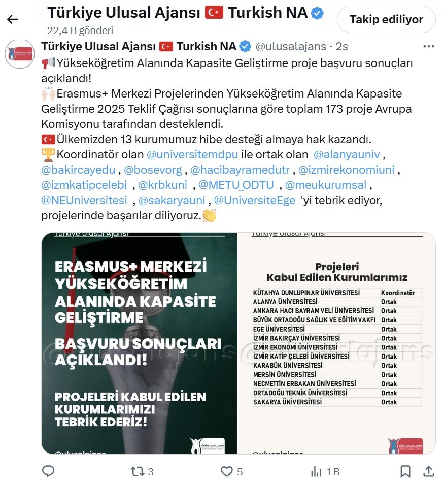 A total of 1,561 institutions from 125 countries were selected to participate in 173 projects approved by the European Commission for funding and capacity building in higher education.
<a href="/EU_Commission/">European Commission</a>
<a href="/ulusalajans/">Türkiye Ulusal Ajansı 🇹🇷 Turkish NA</a>