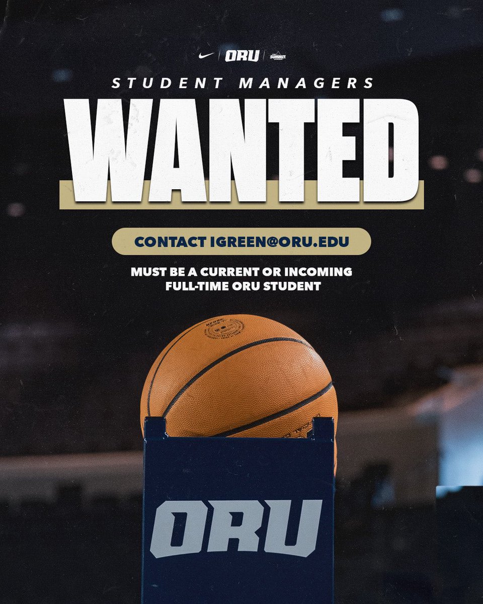 Student managers 𝐰𝐚𝐧𝐭𝐞𝐝 🏀

Must be a current or incoming full-time ORU student. To apply, contact igreen@oru.edu.

#ORUMBB | #GoldenStandard
