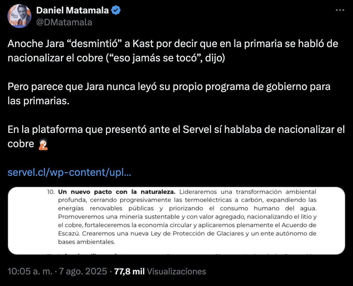 La candidatura de Jeannette Jara comienza a entrar en un período crítico:

❌Diversas figuras de izquierda están comenzando a desmarcarse de su campaña
❌Ayer cometió un error grave con la "nacionalización del cobre"
❌Hoy no se presentó al debate
🔴Y hoy incluso Matamala salió a