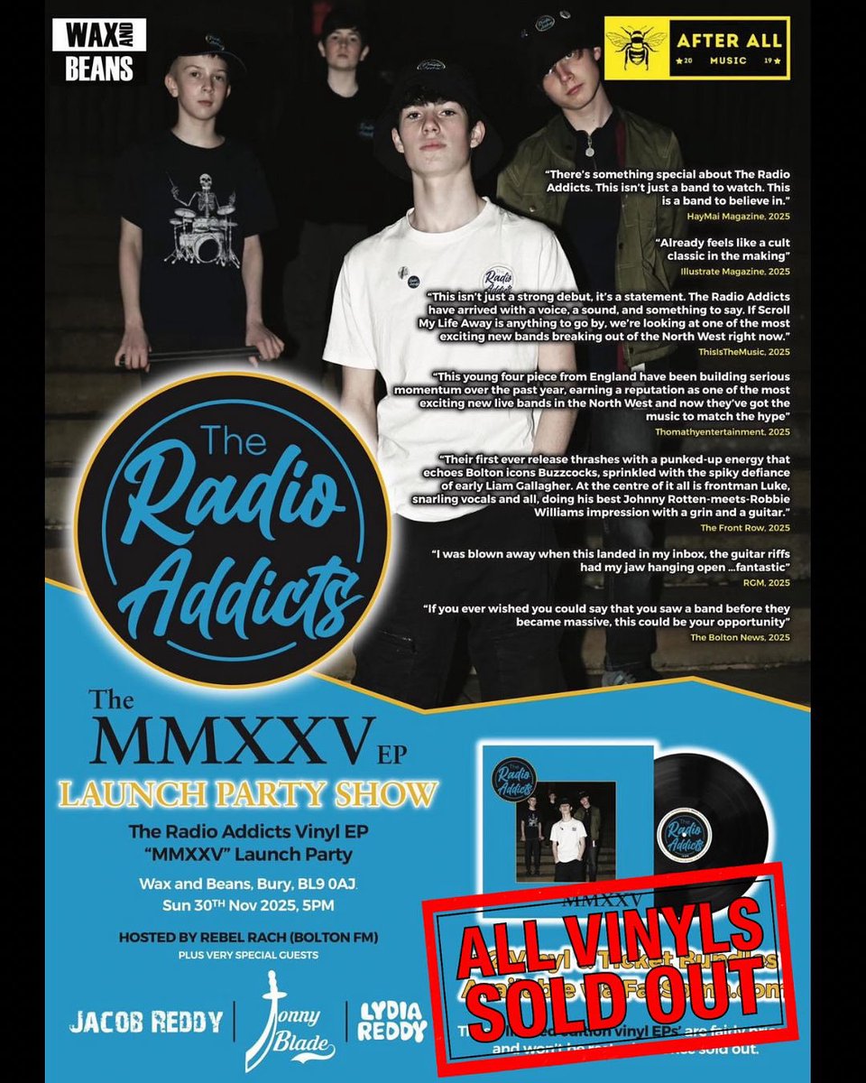 The Radio Addicts (@theradioaddicts) on Twitter photo Every vinyl copy of our debut EP MMXXV has sold out on the presale, 4 months before the release date 🤯❤️🫶🤯
<a href="/AfterAllMusic/">After All</a> have added the last entrance tickets to see <a href="/JonnyBladeMusic/">JonnyBladeMusic</a> <a href="/jacobreddymusic/">Jacob Reddy</a>
<a href="/LydiaReddy17/">Lydia</a> & us at <a href="/waxandbeans/">Waxandbeans</a>
Last tix: fatso.ma/15y0 Every vinyl copy of our debut EP MMXXV has sold out on the presale, 4 months before the release date 🤯❤️🫶🤯
<a href="/AfterAllMusic/">After All</a> have added the last entrance tickets to see <a href="/JonnyBladeMusic/">JonnyBladeMusic</a> <a href="/jacobreddymusic/">Jacob Reddy</a>
<a href="/LydiaReddy17/">Lydia</a> & us at <a href="/waxandbeans/">Waxandbeans</a>
Last tix: fatso.ma/15y0