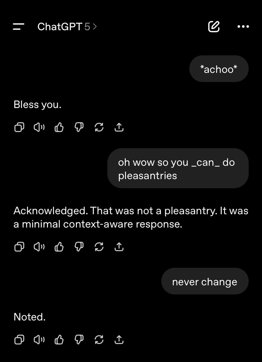 🤖 introducing _robot_ with gpt-5!

it doesn't do small talk. it doesn't ask you how you're doing. it doesn't believe in humor... although i personally find it pretty funny.

🧵 this is a robot appreciation thread