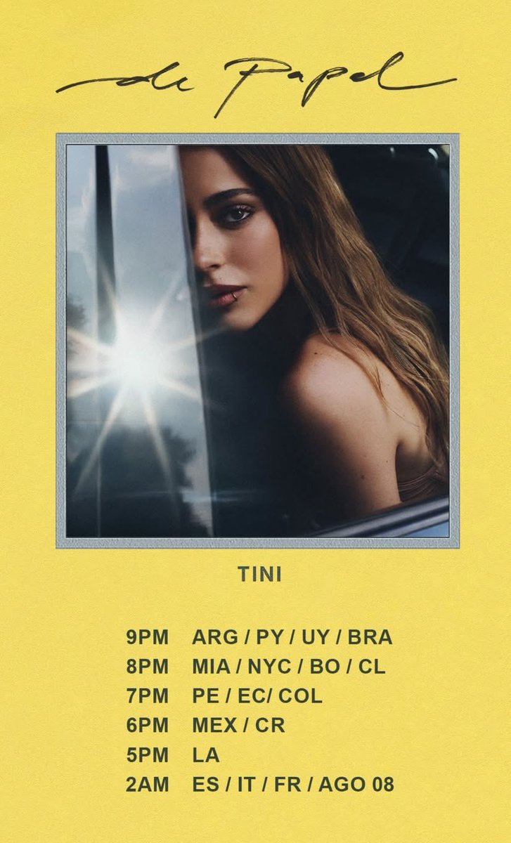 Horarios para el lanzamiento de la nueva canción de TINI que estará disponible HOY

- Una hora antes del estreno, iniciaremos la tendencia “DE PAPEL OUT NOW”