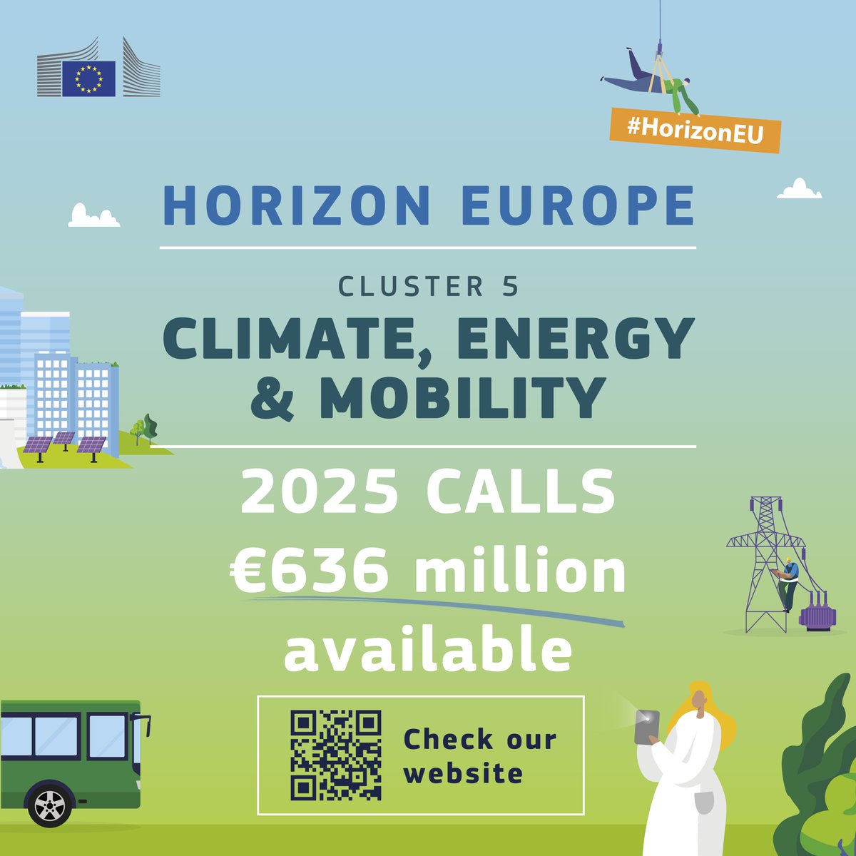 In less than a month, the first #HorizonEU Cluster 5 calls will close!
Do not miss the deadlines, €636 million are available for #Climate, #Energy &amp; #Mobility #Transport R&amp;I projects.  

All info, deadlines, and how to apply: europa.eu/!RtBQRc

<a href="/HorizonEU/">Horizon Europe 🇪🇺</a>