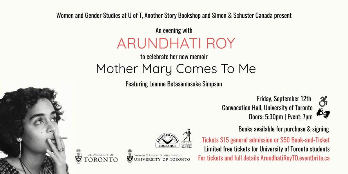 🚨 Vic &amp; Emmanuel students: Win 1 of 25 free tix to An Evening with Arundhati Roy (Sept. 12 @ Convocation Hall)! To enter, share a line from Roy’s work that moves you + why: forms.office.com/r/Jntk7XrMrU
Deadline: Aug. 8 | Winners: Aug. 22
