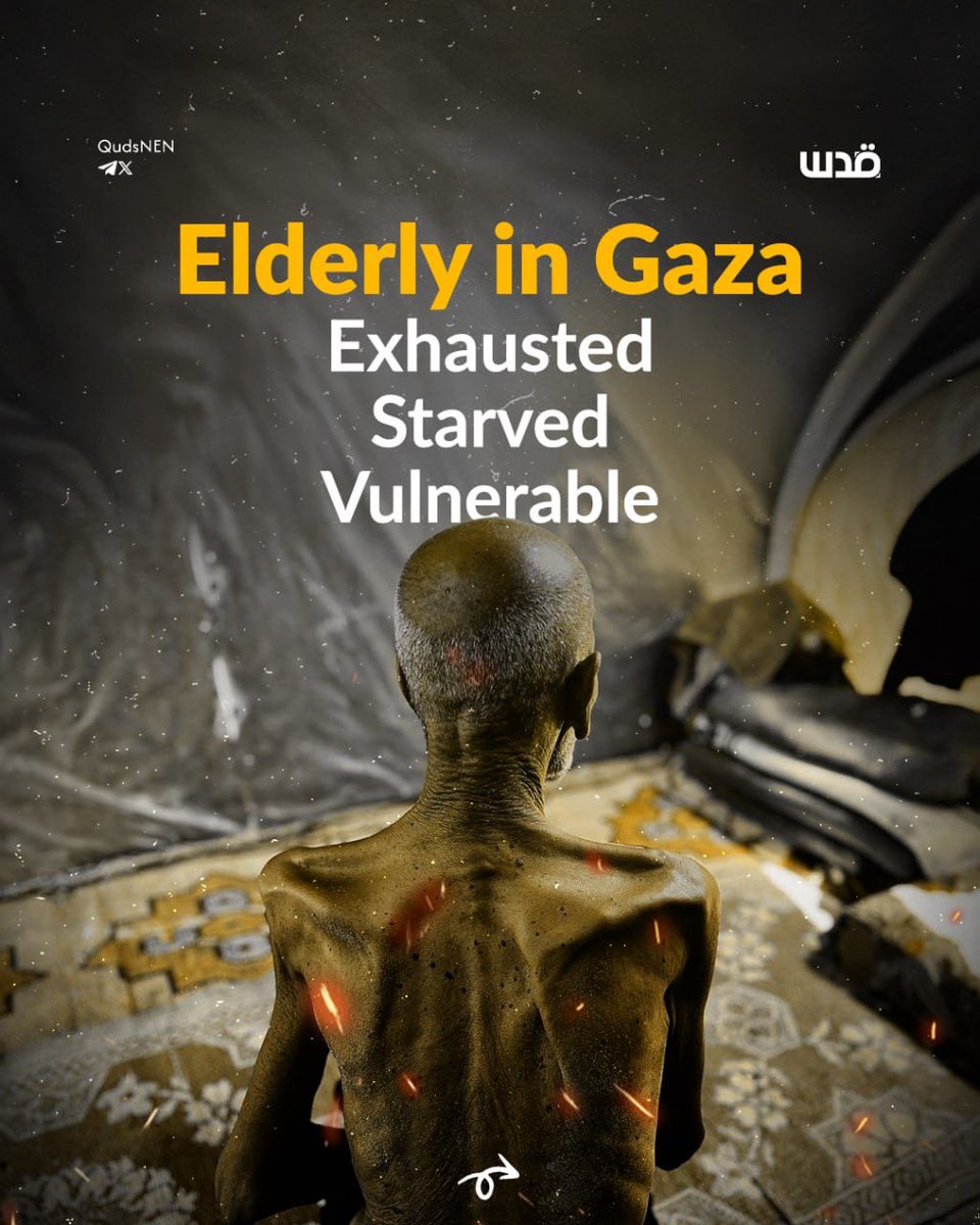 QudsNen's tweet photo. One of the most vulnerable groups in Gaza are the elderly who comprise 5% of Gaza's population. 

If not directly killed by Israeli attacks, they fall victim to struggles that could lead to their slow death, such as the suffocating Israeli-made war of famine on the Strip. https://t.co/x5KxHqo78Y