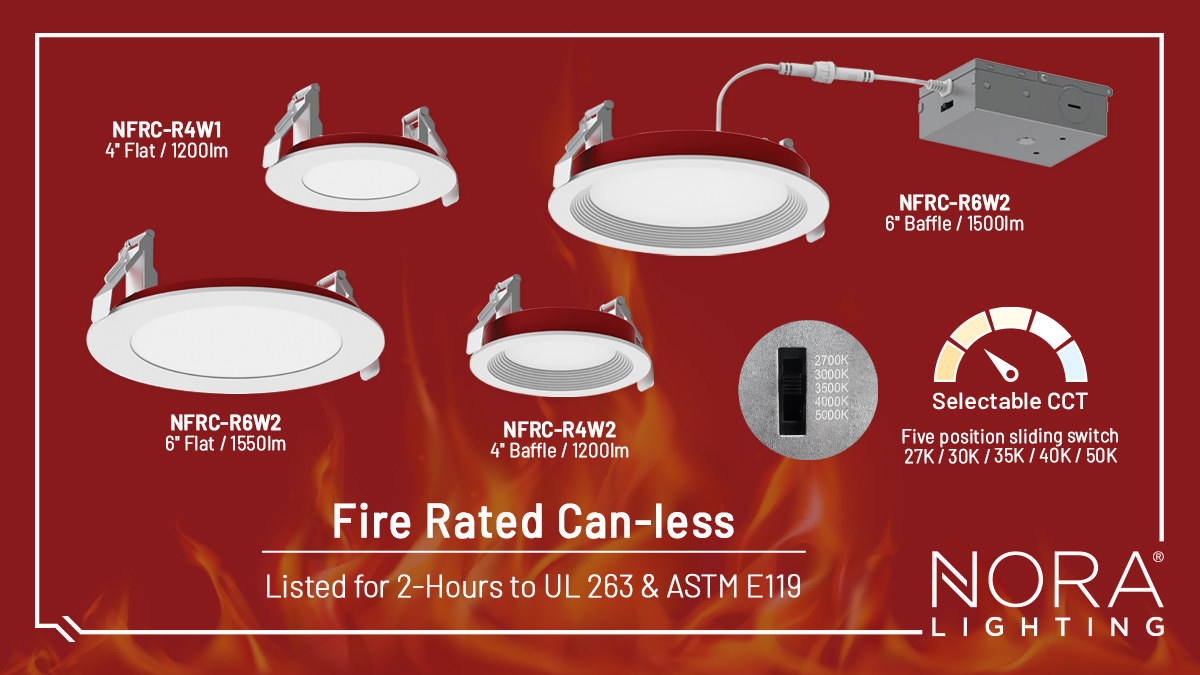 Introducing our 🔥 Fire Rated Can-less Downlights 🚨
NFRC Downlights are Listed for 2-Hours, not just painted red 🖌️

- 4" &amp; 6" Regressed Baffle or Flat Downlights 💡
- No enclosure or housing required 🚫
- 1550 lumens &amp; Five Selectable CCT🎨
noralighting.com/NFRC-flyer