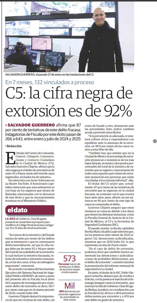 En #CDMX hay una estrategia robusta contra la #Extorsión; desde el <a href="/C5_CDMX/">C5 CDMX</a> operamos la Línea Antiextorsión 55 5036 3301, donde recibimos reportes de este delito las 24 horas del día. TU DENUNCIA CUENTA. 

Gracias, <a href="/LaRazon_mx/">La Razón de México</a>, por compartir el trabajo que realizamos desde el
