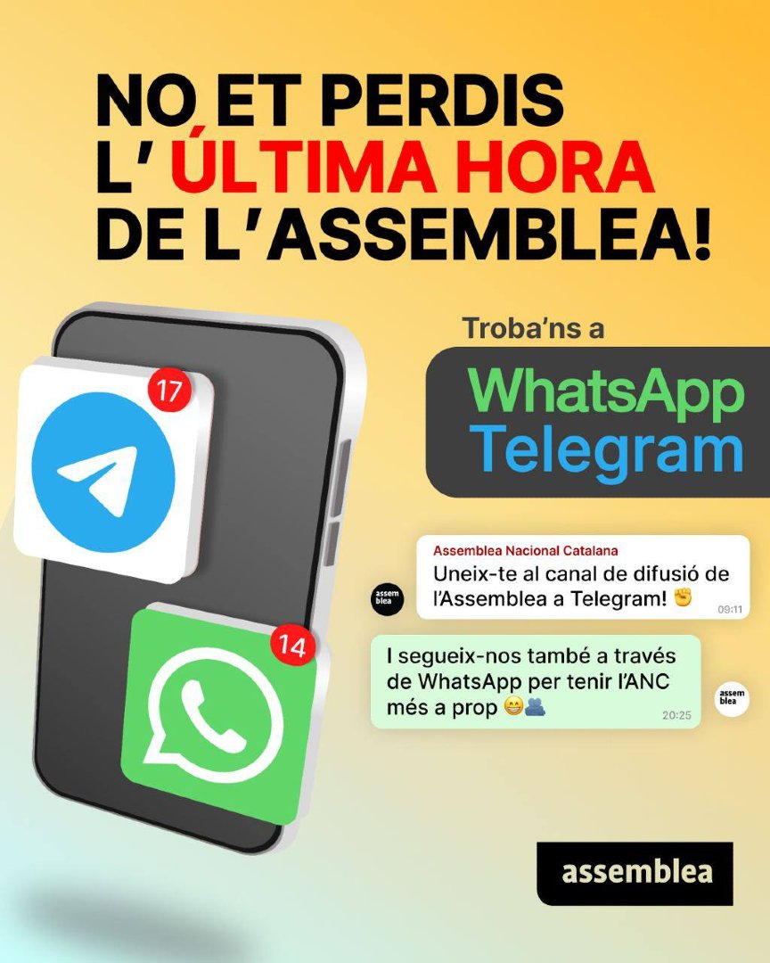 ⬛️⬜️📲 No et perdis l'última hora de l'Assemblea!

Si vols estar al dia de les nostres comunicacions i accions, segueix-nos als canals de Telegram i WhatsApp!

Activem-nos i compartim-los!

▪️Telegram: t.me/assemblea
▪️WhatsApp: whatsapp.com/channel/0029Va…