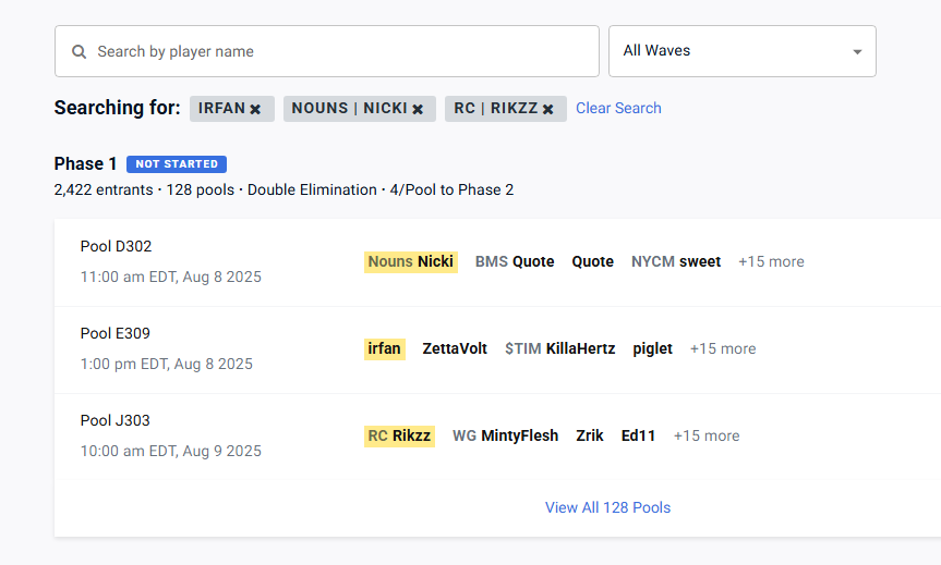 Alle DACH Spieler (von denen ich weiß) bei <a href="/SuperSmashCon/">Supernova 2025</a> + Pools + Link drunter
(sorry falls ich wen vergesse)

Freitag:
Wave D (17 Uhr):
<a href="/The_Big_Smoke69/">Snarl | Big Smoke</a> 🇩🇪
<a href="/upgamer_Nicki/">Nicki ⌐◨-◨</a> 🇩🇪

Wave E (19 Uhr):
<a href="/big_irf/">irfan</a>🇩🇪

Wave F (21 Uhr): 
<a href="/FaniSSBU/">BJAYS | Fani</a> 🇩🇪

Wave G (23 Uhr): 
<a href="/SsbYou/">2F | Youssef</a> 🇩🇪
<a href="/SiggiFgc/">Siggi 🔜 SUPERNOVA🇺🇸</a> 🇦🇹