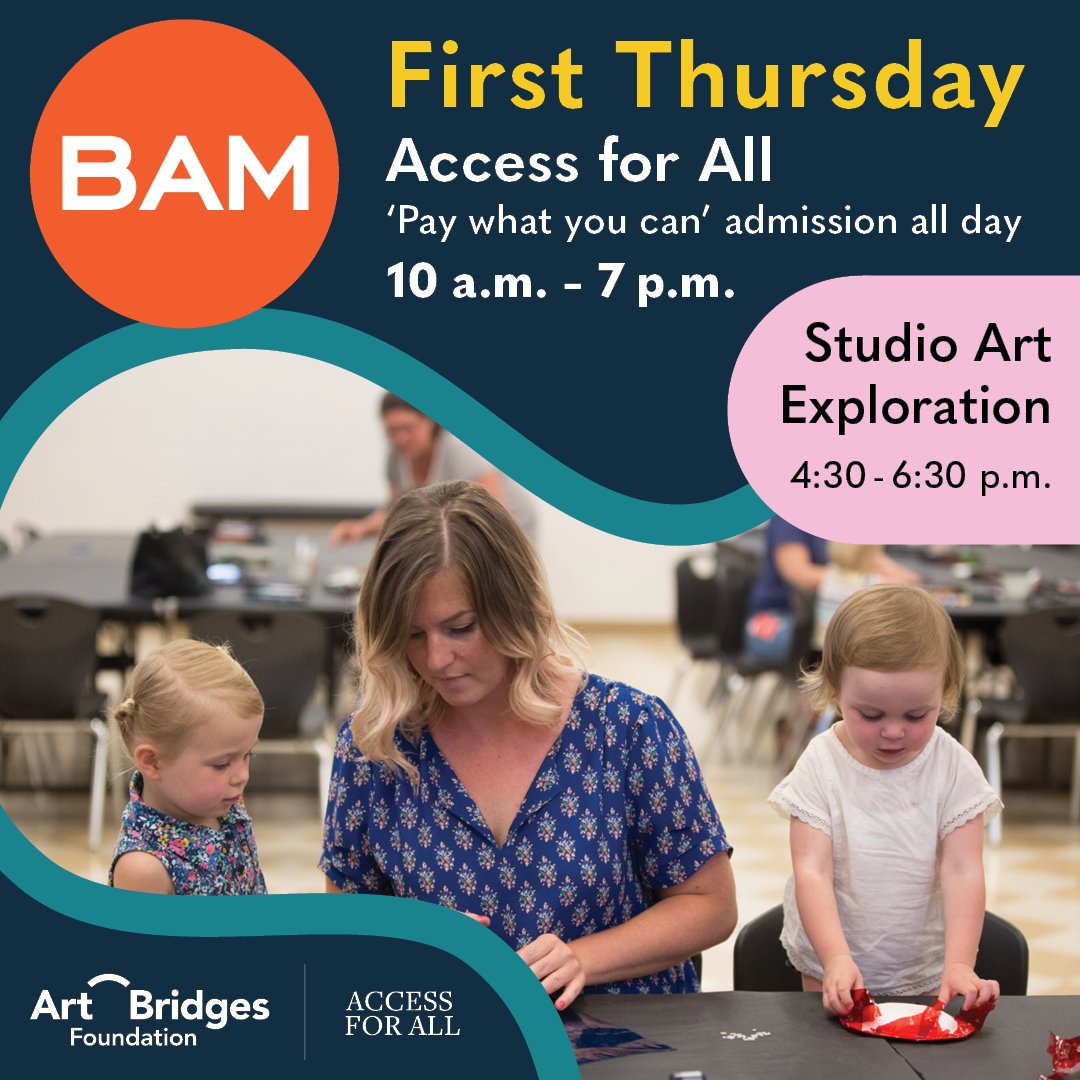Find inspiration &amp; get creative at BAM during 1st Thursday today! Admission is “pay what you can,” &amp; the Museum is open until 7 pm to allow access for all. Experience BAM’s current exhibitions, with drop-in artmaking from 4:30–6:30 p.m.🎨Generous support provided by #artbridges