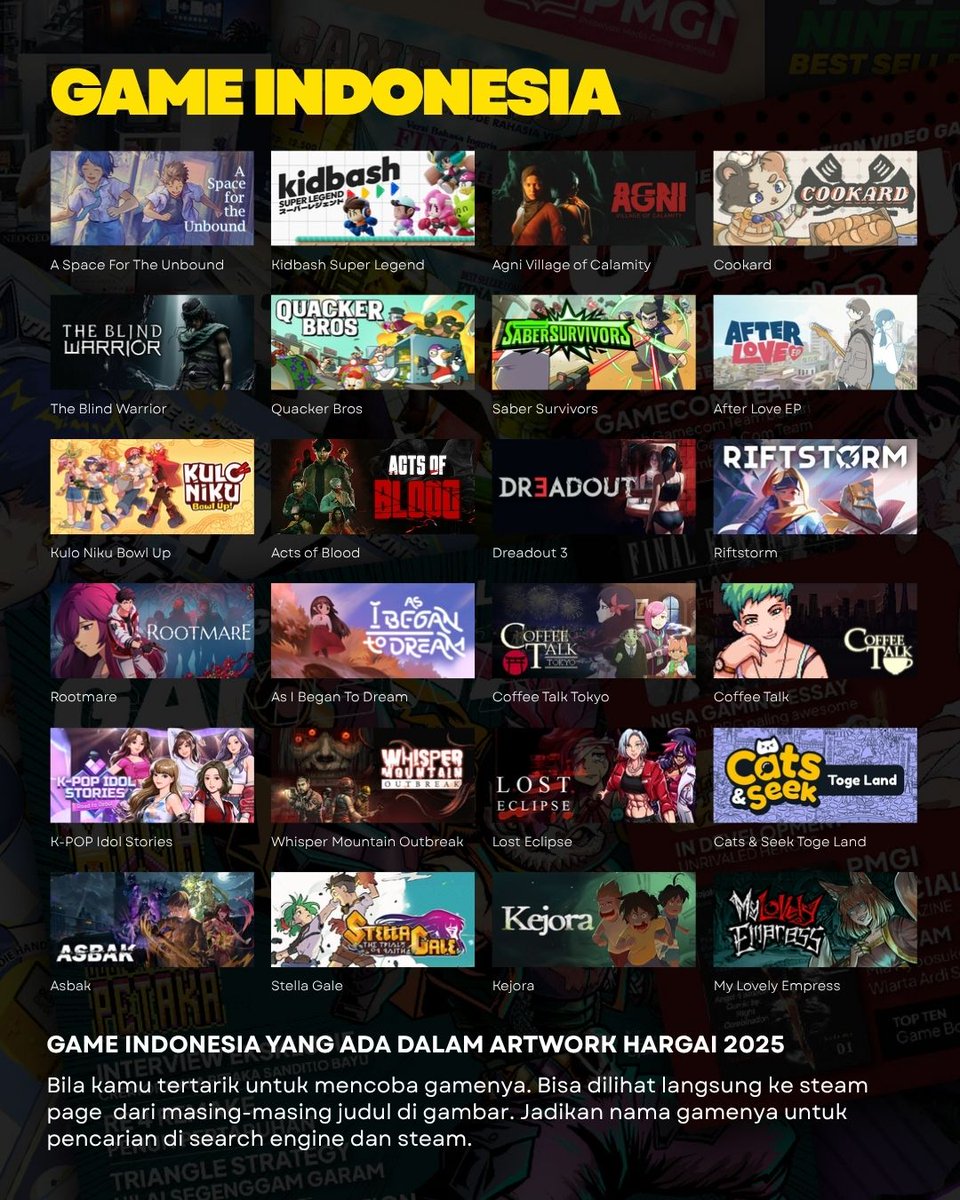 gamewave_id's tweet photo. "Wondering what game is featured in the HARGAI 2025 art? Go check it out support local devs and celebrate Indonesian gaming!"

#harigameindonesia #hargai2025 #gameindonesia #hargai #indonesiagamexpo #igx #gamewave https://t.co/Cg7m1hNrlq