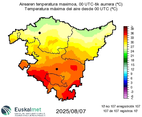 🌡#Tmax

📈 Arabako toki askotan termometroak 35-36 ºC-ra iritsi dira gaur. 

📈 Mañana seguirá el intenso calor, en algunas zonas pueden subir 1-2 ºC respecto a los valores máximos registrados hoy.