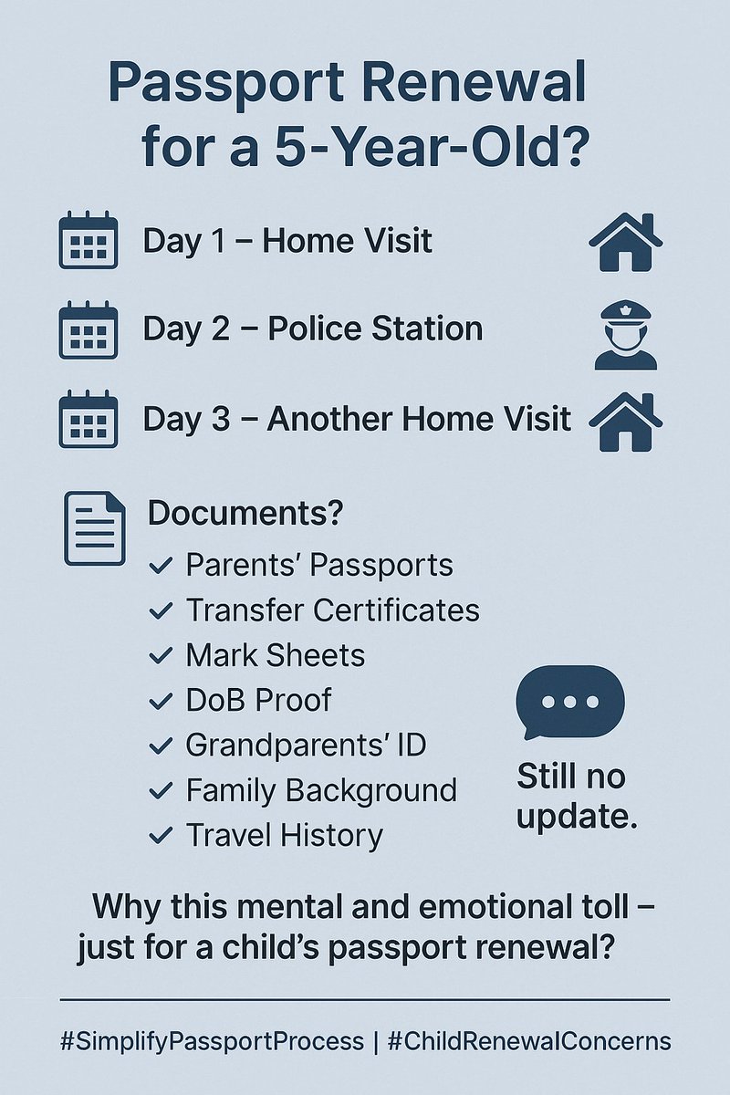 immak2020's tweet image. 3 days - 2 home visits. 1 police station visit.
Endless questions, docs (even parents’ transfer certs!), exhaustive process - for a 5-year old's passport renewal.
Why is this process so draining for a child’s renewal, not even a fresh application?
#PassportRenewal #SystemReform