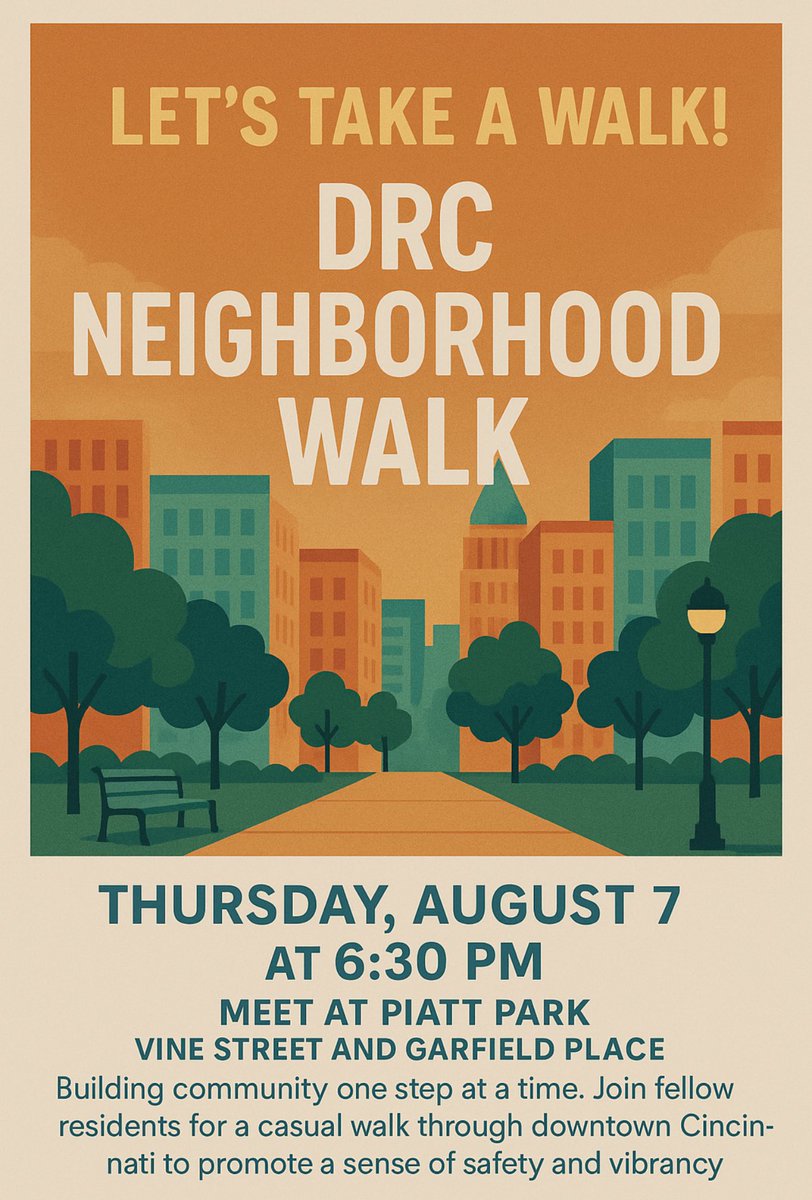Come join the <a href="/DRC_Cincinnati/">Cincinnati - Downtown Residents' Council</a> tonight at 6:30 PM for a casual <a href="/DowntownCincy/">Downtown Cincinnati</a> neighborhood walk. We will meet at Vine Street and Garfield Place, ending at <a href="/MyFountainSqr/">Fountain Square</a> at 7:30 PM, just in time for <a href="/Bengals/">Cincinnati Bengals</a> kickoff!

Hope to see you there!