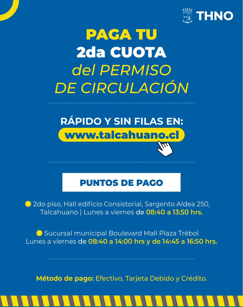 munitalcahuano's tweet image. En Talcahuano ya es posible pagar la segunda cuota del Permiso de Circulación Vehicular, ya sea de manera presencial como a través de nuestra página web ✅ acortar.link/fFYMsb #PermisodeCirculación     #PagoPermisoCirculación #Talcahuano