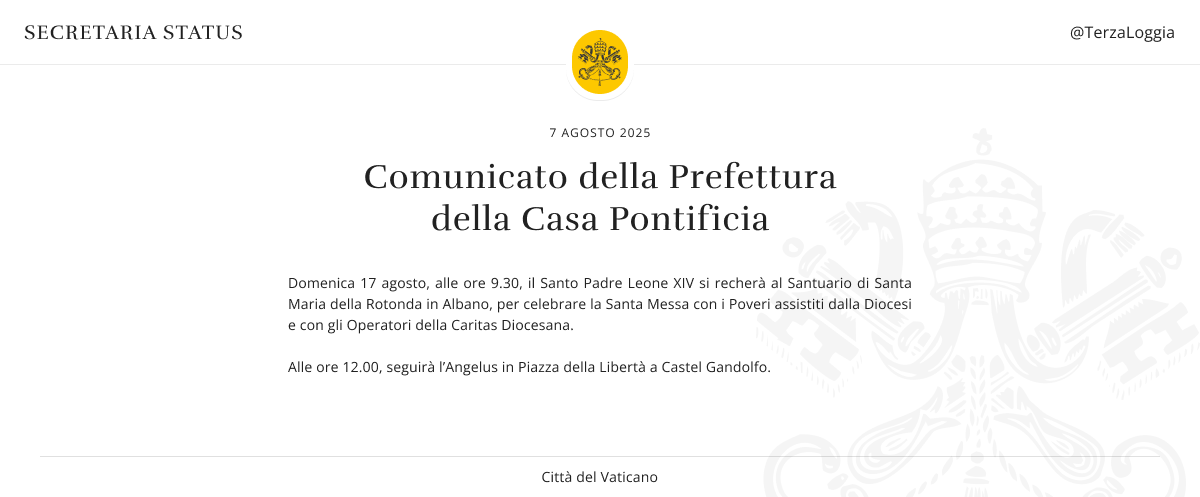 Confirma la casa pontificia viaje del #papaLeonXIV a #CastelGandolfo del 15 al 17 de Agosto. El Domingo desde ahí será el Ángelus.