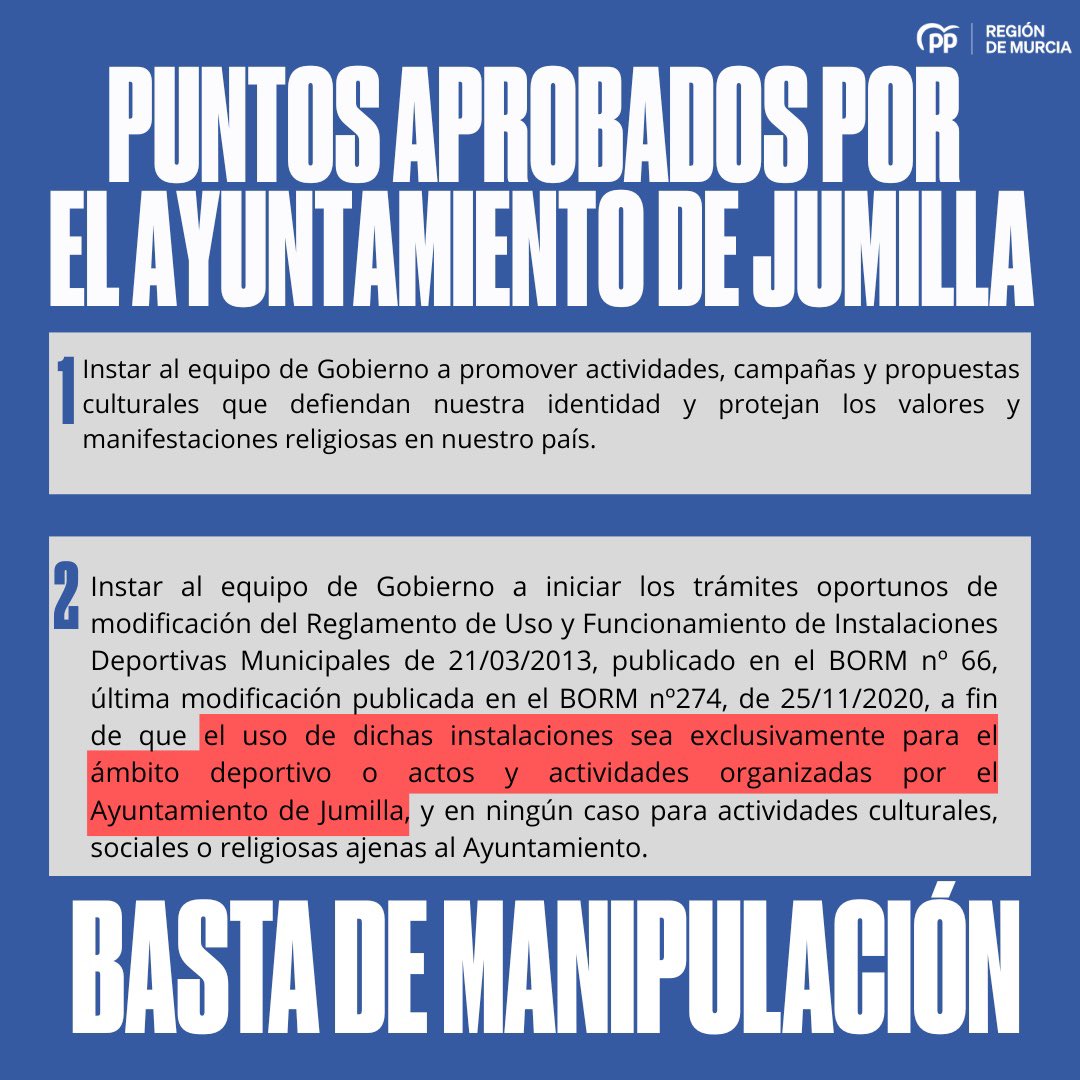 Esto es lo aprobado por el Ayuntamiento de Jumilla sin manipulaciones intencionadas.

Ni se veta a nadie, ni se prohíbe nada, ni tan siquiera se nombra a la comunidad musulmana.

Si quieres conocer la verdad, lee esto👇