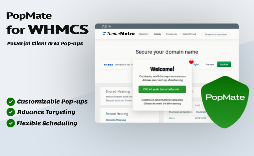 We’re thrilled to introduce PopMate – the ultimate popup addon for WHMCS, crafted by the team at ThemeMetro to supercharge your client engagement and boost conversions. 
thememetro.com/whmcs-popups
 
#WHMCS, #whmcsAddons #whmcsmodules