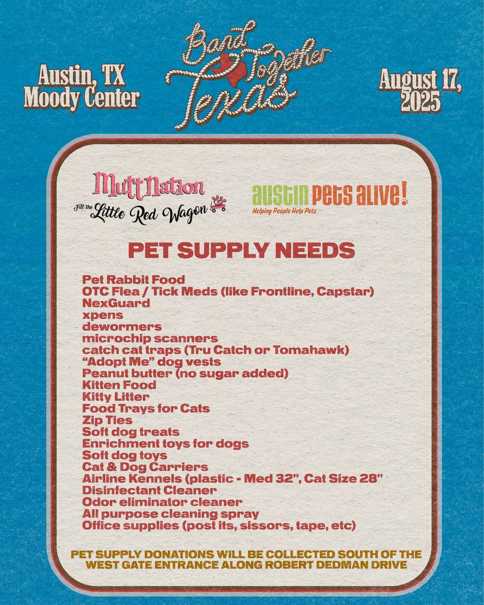 Miranda Lambert's MuttNation (@muttnation) on Twitter photo Weāre teaming up with <a href="/austinpetsalive/">Austin Pets Alive!</a> for a Donation Drive at Band Together Texas on August 17 at the Moody Center!
š¾ Pet supply donations will be collected just south of the West Gate entrance along Robert Dedman Drive.
Every donation helps thank you for making a difference! Weāre teaming up with <a href="/austinpetsalive/">Austin Pets Alive!</a> for a Donation Drive at Band Together Texas on August 17 at the Moody Center!
š¾ Pet supply donations will be collected just south of the West Gate entrance along Robert Dedman Drive.
Every donation helps thank you for making a difference!