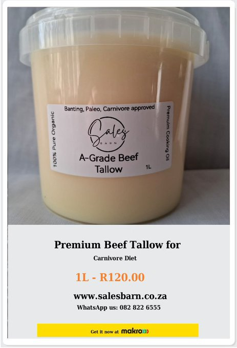 Salesbarnza's tweet photo. 🥩 Premium Beef Tallow for Carnivores Who Demand the Best 

#carnivorelife #carnivorelifestyle #ketodiet #southafrica #lossweight #health #healthylifestyle 

Get it now at Makro
📷https://t.co/INjc4XMhHf https://t.co/pCxlYLNM5x