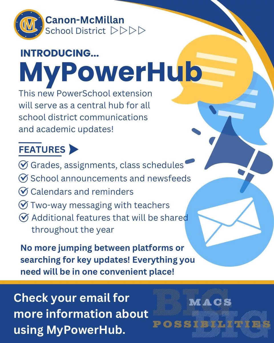🚨 Big News, Big Possibilities! 🚨

We’re excited to introduce MyPowerHub, your new one-stop shop for all things Canon-McMillan! 📲

No more jumping between platforms! Everything you need is now in one place!