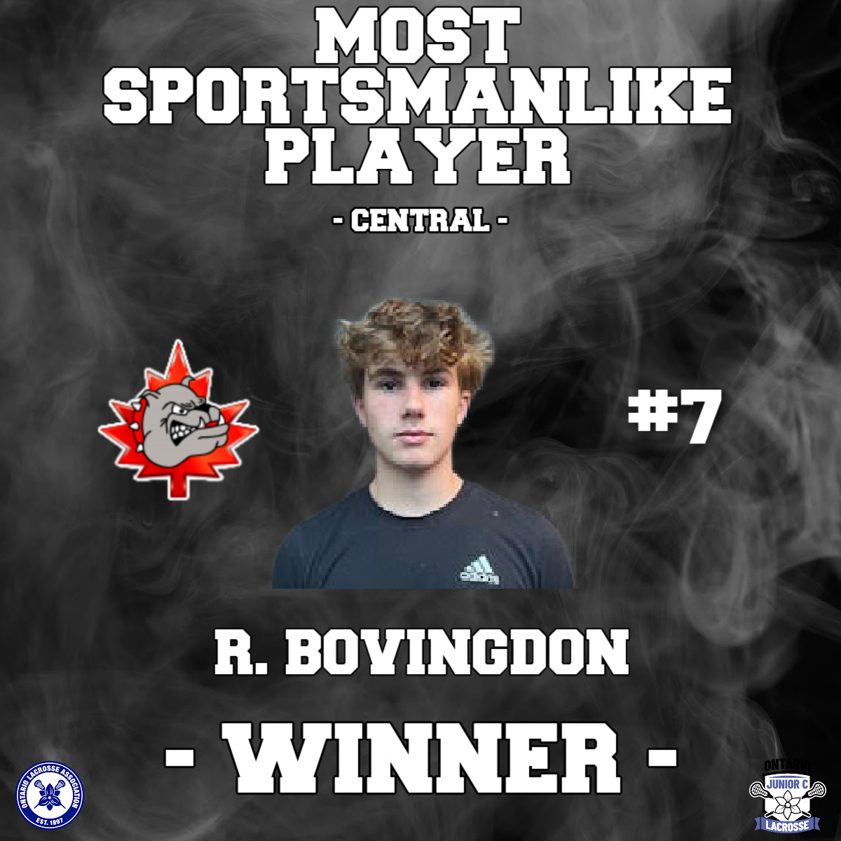 🏆 Most Sportsmanlike Player – Central 🏆

Congratulations to Reily Bovingdon of the Halton Hills Bulldogs, named the 2025 OJCLL Most Sportsmanlike Player for the Central Conference.

#OJCLL2025 #HaltonHillsBulldogs #RespectTheGame #LacrosseLeadership