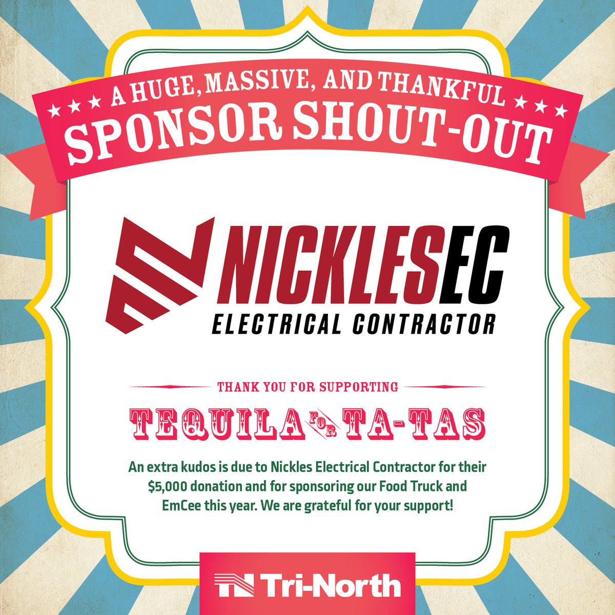 Tri-North Builders (@trinorthbuilder) on Twitter photo 🎪 Shoutout to <a href="/NicklesElectric/">Nickles Electric</a> —our Tequila for Ta-Tas 2025 Emcee and Food Truck Sponsor! 🎤🌮 Join us Sept 10 for carnival fun, margaritas & more—all for a great cause.
🎟️ Registration opens soon!
👉 facebook.com/share/16qKP1Fz…
#TequilaForTaTas #NickelsElectric 🎪 Shoutout to <a href="/NicklesElectric/">Nickles Electric</a> —our Tequila for Ta-Tas 2025 Emcee and Food Truck Sponsor! 🎤🌮 Join us Sept 10 for carnival fun, margaritas & more—all for a great cause.
🎟️ Registration opens soon!
👉 facebook.com/share/16qKP1Fz…
#TequilaForTaTas #NickelsElectric