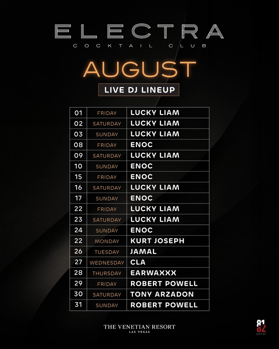 The August lineup is stacked 🎧
Swipe to see which DJ is taking over the booth each night at Electra Cocktail Club ⚡

#electravegas #vegasnightlife #djlineup #lasvegas #cocktailclub