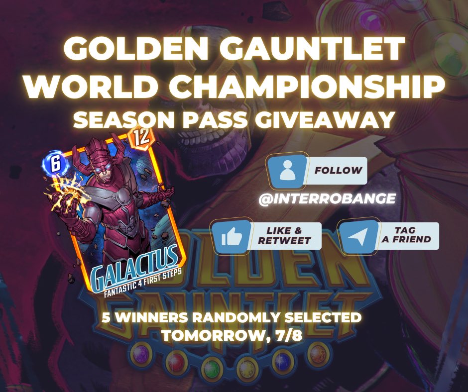 INTERROBANG (@interrobange) on Twitter photo 🚨 GIVEAWAY 🚨
To celebrate Qualifier 1 of the GOLDEN GAUNTLET WORLD CHAMPIONSHIP 🏆 i have 5 Galactus season passes sponsored by #GoldenGauntlet 🔥
🤝 FOLLOW <a href="/interrobange/">INTERROBANG</a>
👍 LIKE & RETWEET
🏷️ TAG A FRIEND
Winners picked tomorrow 🗓️ Entry not required but open to ANYONE ⤵️ 🚨 GIVEAWAY 🚨
To celebrate Qualifier 1 of the GOLDEN GAUNTLET WORLD CHAMPIONSHIP 🏆 i have 5 Galactus season passes sponsored by #GoldenGauntlet 🔥
🤝 FOLLOW <a href="/interrobange/">INTERROBANG</a>
👍 LIKE & RETWEET
🏷️ TAG A FRIEND
Winners picked tomorrow 🗓️ Entry not required but open to ANYONE ⤵️