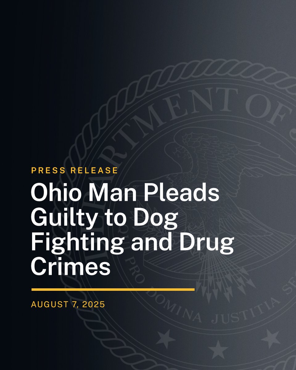 Ohio Man Pleads Guilty to Dog Fighting and Drug Crimes

Read more:
justice.gov/opa/pr/ohio-ma…