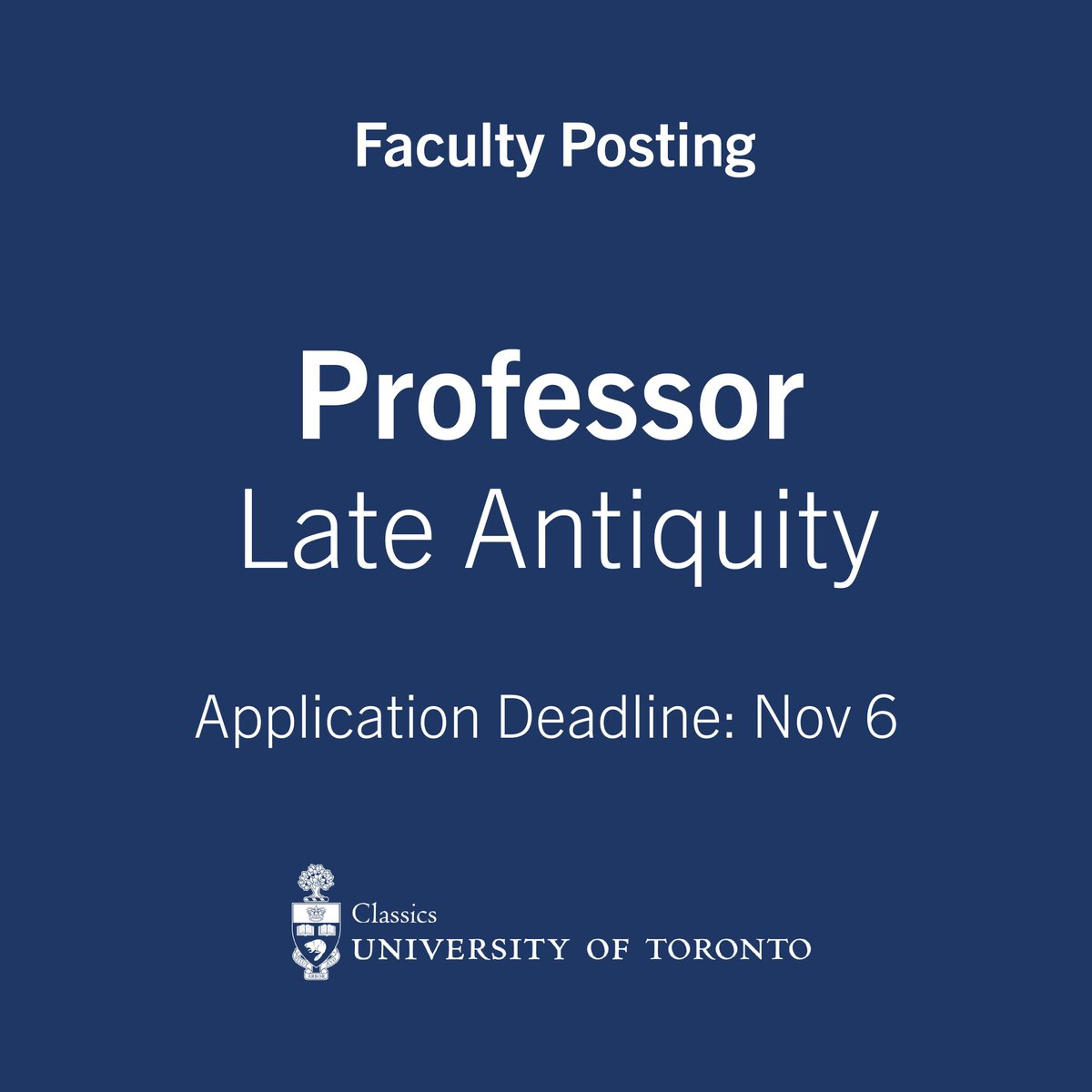 We’re hiring!

The Department of Classics and the Centre for Medieval Studies invite applications for a full-time, tenure-stream position in Late Antiquity.

Application Deadline: Nov 6, 2025. For more information, visit uoft.me/hiring-academic.