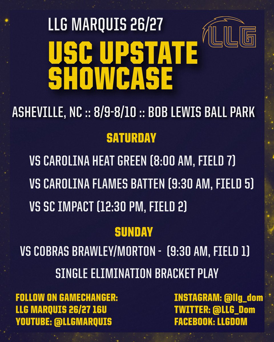 Lady Lightning Gold Dom (@llg_dom) on Twitter photo Here is our Schedule for this Weekend at the <a href="/UpstateSoftball/">USC Upstate Softball</a> Showcase in Asheville! Tune in on GameChanger! ⚡️🥎
<a href="/Org_LLG/">Lady Lightning Gold Org Account</a> Here is our Schedule for this Weekend at the <a href="/UpstateSoftball/">USC Upstate Softball</a> Showcase in Asheville! Tune in on GameChanger! ⚡️🥎
<a href="/Org_LLG/">Lady Lightning Gold Org Account</a>