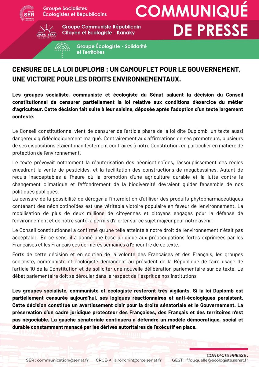 Sénatrices et sénateurs socialistes 🇪🇺 (@senateursps) on Twitter photo 🚨 Les néonicotoïdes ne seront pas réintroduits !
La censure par le <a href="/Conseil_constit/">Conseil constit</a> de cette mesure très décriée est une victoire pour notre environnement, notre santé et le modèle d'agriculture durable que nous défendons.
Nous resterons vigilants ! 🚨 Les néonicotoïdes ne seront pas réintroduits !
La censure par le <a href="/Conseil_constit/">Conseil constit</a> de cette mesure très décriée est une victoire pour notre environnement, notre santé et le modèle d'agriculture durable que nous défendons.
Nous resterons vigilants !