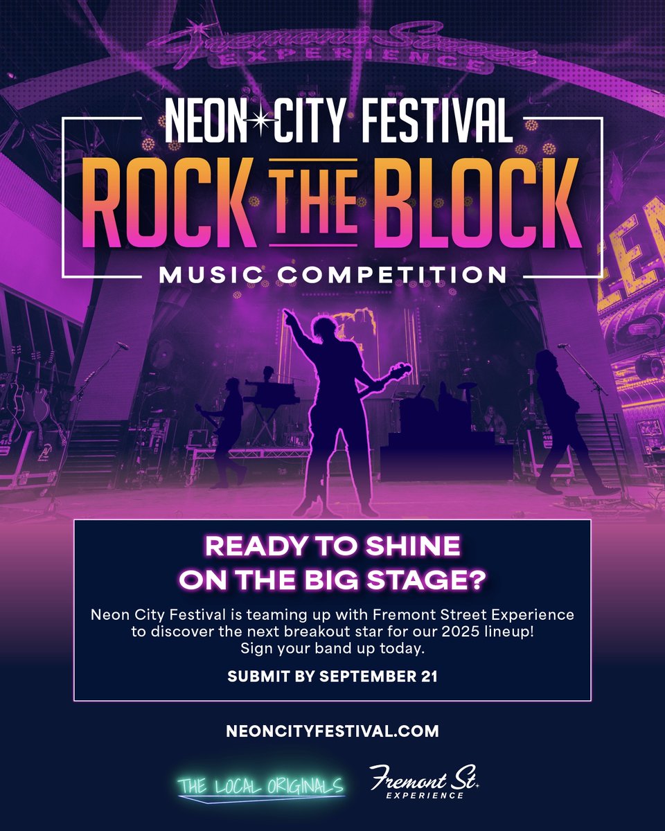 Neon City Festival (@neoncityfestlv) on Twitter photo Ready to shine on the big stage? 🎤
#NeonCityFestival has partnered with <a href="/FSELV/">Fremont Street Exp</a> to present Rock the Block, a battle of the bands competition aimed to find an emerging local artist to join our 2025 lineup. Interested bands may submit their info at neoncityfestival.com/band-competiti… by 9/21! Ready to shine on the big stage? 🎤
#NeonCityFestival has partnered with <a href="/FSELV/">Fremont Street Exp</a> to present Rock the Block, a battle of the bands competition aimed to find an emerging local artist to join our 2025 lineup. Interested bands may submit their info at neoncityfestival.com/band-competiti… by 9/21!