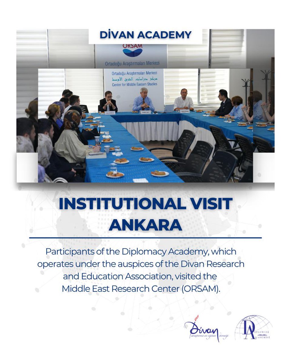 Divan Araştırma ve Eğitim Derneği olarak Ankara’daki kurum ziyaretlerimiz kapsamında Ortadoğu Araştırmaları Merkezi’ni (ORSAM) ziyaret ettik.

Ziyaretimiz sırasında merkezin araştırma alanları, yayın çalışmaları ve bölgesel gelişmelere yönelik analizleri hakkında bilgi aldık.