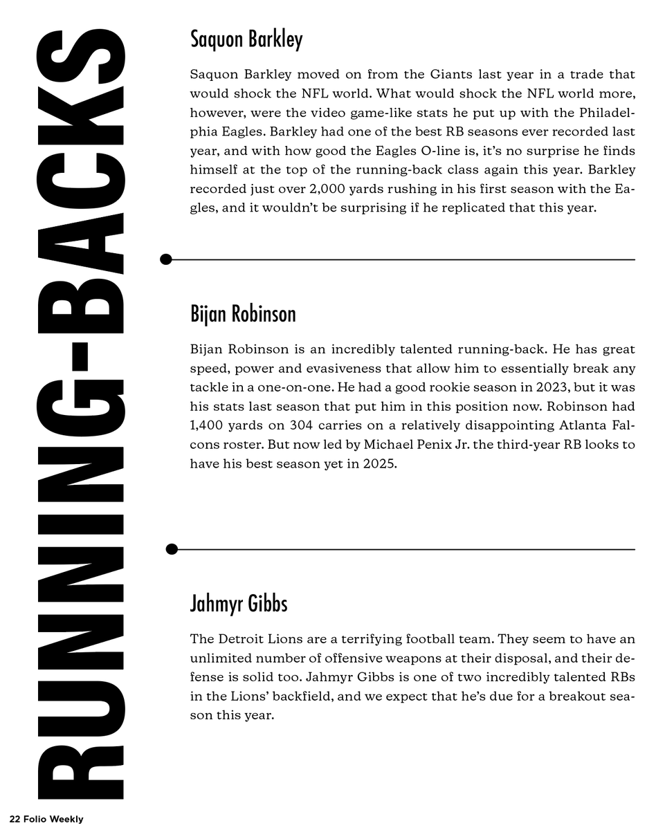 "The NFL season is right around the corner, and with that comes the start of fantasy football."

“Folio” Fantasy Football Draft Guide: Who Should You Grab on Draft Day?
Kaleb Stowell 

For full article, click here!
folioweekly.com/2025/08/01/fol…