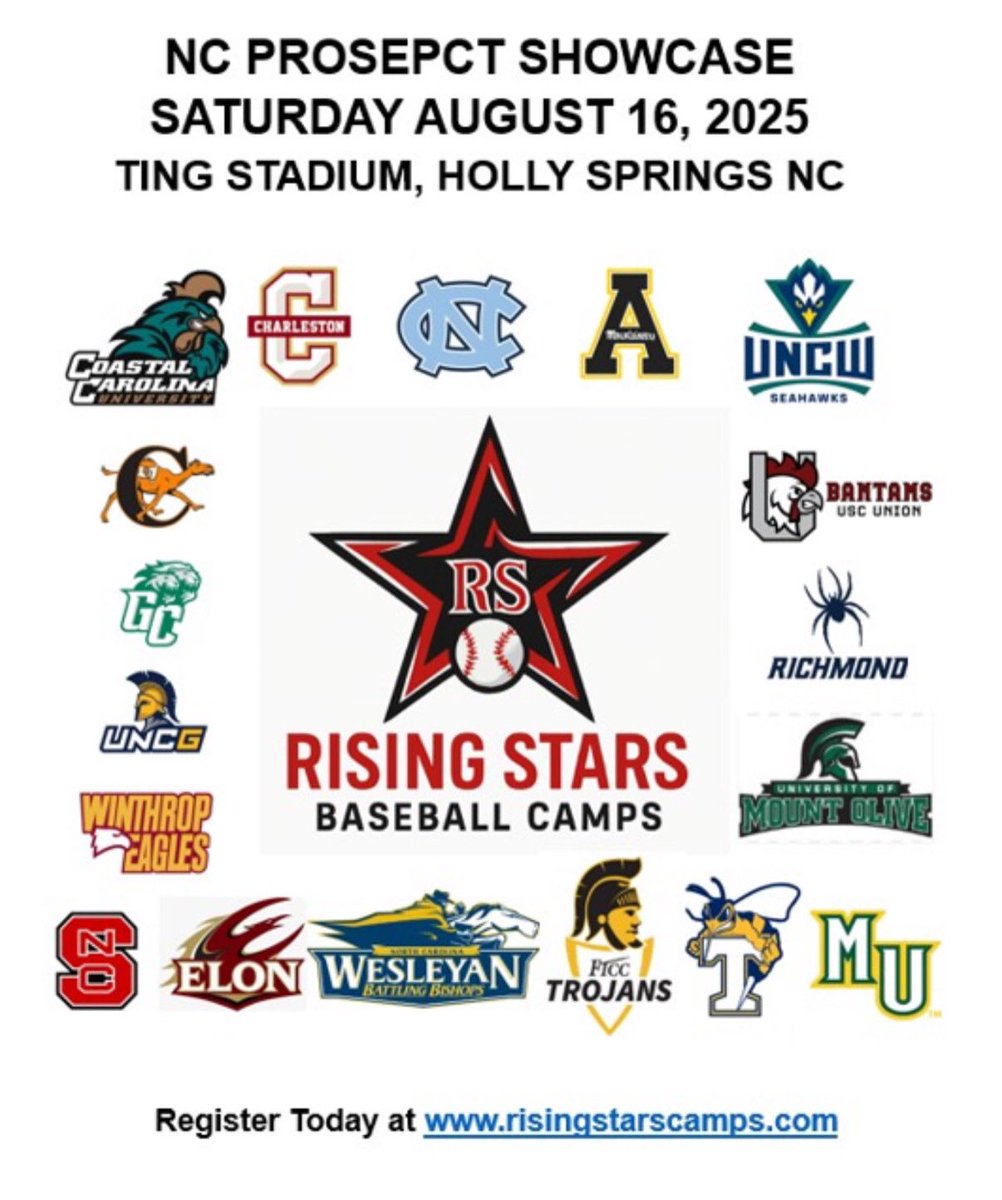 Canes Baseball (@thecanesbb) on Twitter photo Only 7️⃣ spots remaining! Just under 2 weeks away!
2025 <a href="/RS_Camps/">Rising Stars Baseball Camps</a> NC Prospect Showcase Camp
📆 August 16th
🏟️ Ting Stadium
📍Holly Springs, NC
Open to any and all 2026-2030 Grads & JC players.
Register today at: risingstarscamps.com/camps.php Only 7️⃣ spots remaining! Just under 2 weeks away!
2025 <a href="/RS_Camps/">Rising Stars Baseball Camps</a> NC Prospect Showcase Camp
📆 August 16th
🏟️ Ting Stadium
📍Holly Springs, NC
Open to any and all 2026-2030 Grads & JC players.
Register today at: risingstarscamps.com/camps.php