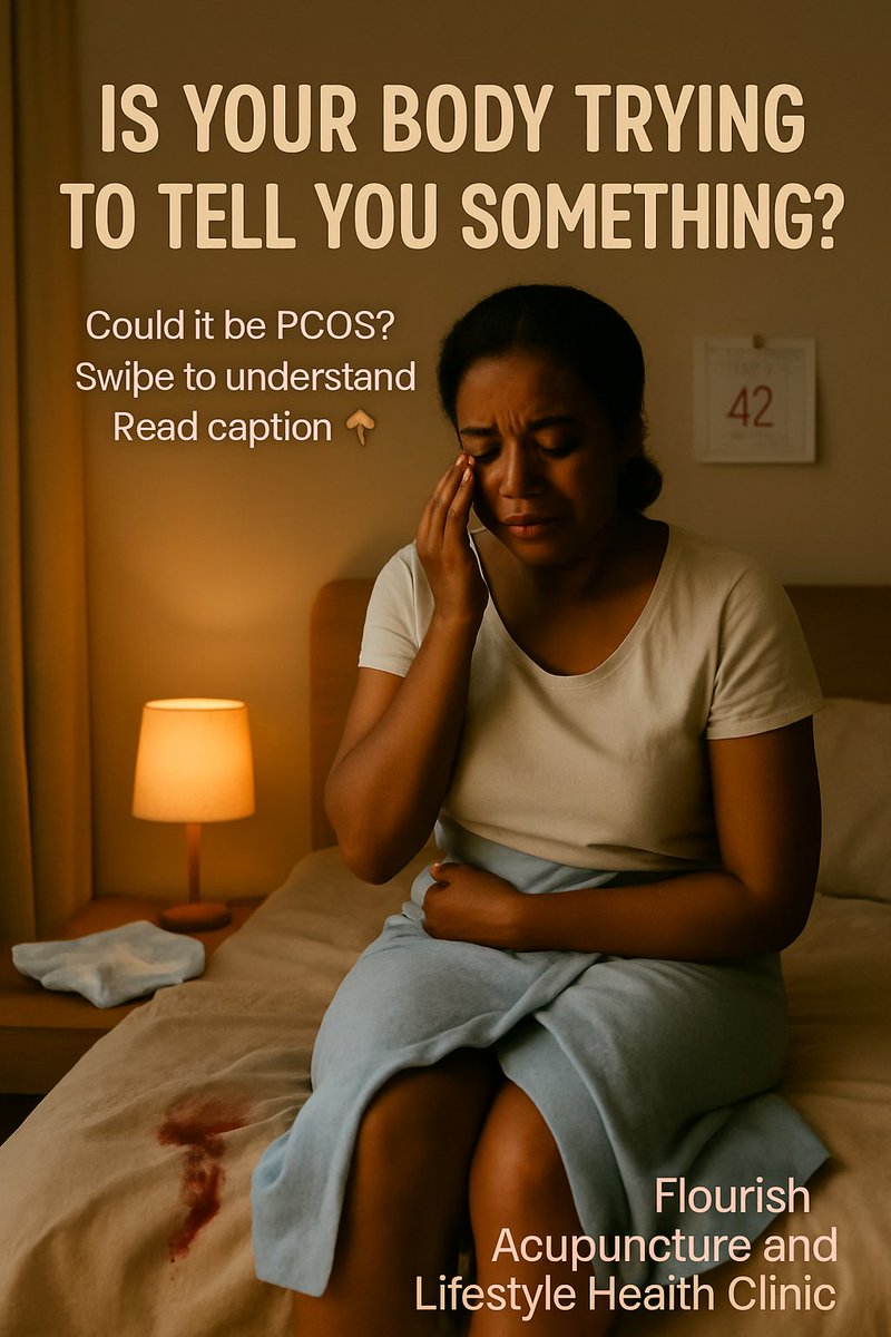 doctorflourish's tweet image. She thought her period was just late again…
Until it came with a vengeance:
 Heavy bleeding
Sudden clots

 Day 42 and still no regular cycle
Her body was speaking  but no one taught her how to listen.
👇🏾 Could it be PCOS?

#PCOSAwareness #WomensHealth