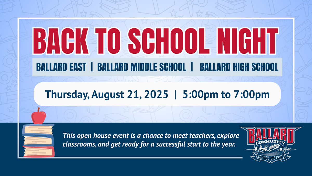 Back to School Night is happening at East, BMS &amp; BHS on Thursday, August 21, from 5:00 to 7:00pm!

West families will receive a signup link directly from their teachers with a scheduled date and time. See you soon! 🎉