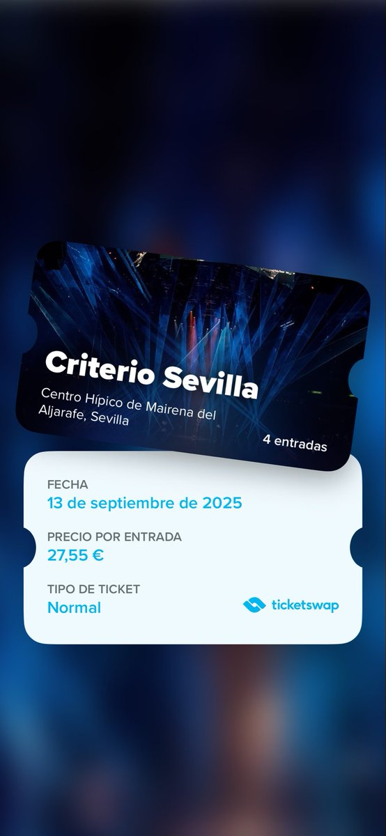 M🦦 (@mariamrtnzz02) on Twitter photo ticketswap.com/listing/criter… 
¡Se vende 4 entradas 🎟️ para Criterio en Sevilla! 
<a href="/XJGarcia02_/">Juan Garcia 🎮⚽</a> ticketswap.com/listing/criter… 
¡Se vende 4 entradas 🎟️ para Criterio en Sevilla! 
<a href="/XJGarcia02_/">Juan Garcia 🎮⚽</a>