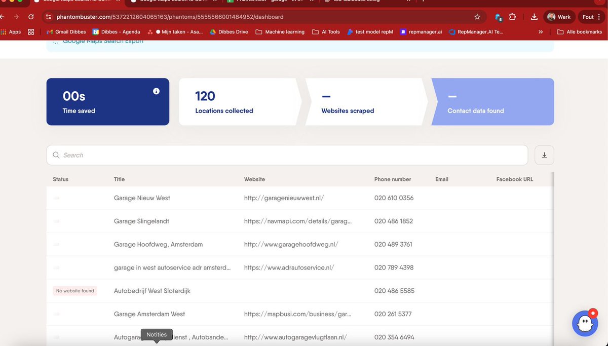 Building the engine behind Repmanager.ai/en 

First scrapes with Phantombuster to target Dutch car mechanics.

Personalized outreach based on Google Reviews 

Cold email flow + offline media combo.

Next up: activation &amp; segment testing.