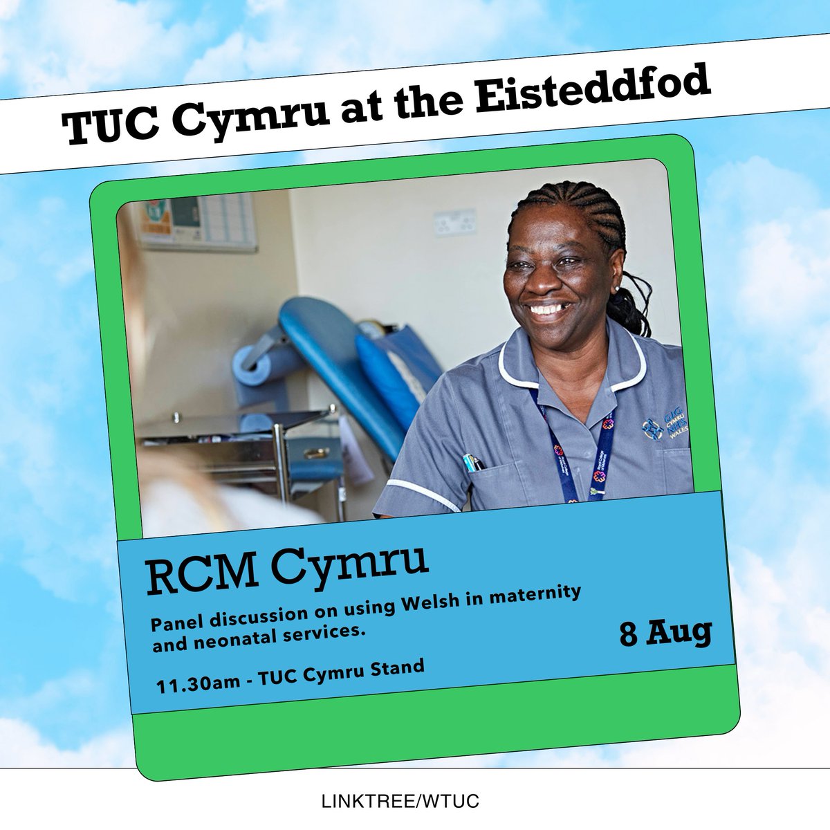 TUC Cymru (@walestuc) on Twitter photo Ymunwch â ni! #Eisteddfod
🗓️ Heddiw | Today
🏥 RCM Cymru
🕚 11:30am
Panel discussion on using #Welsh in maternity and neonatal services.
<a href="/MidwivesRCM/">Royal College of Midwives 💙</a> <a href="/RcmWales/">RCM Wales</a> <a href="/JulieRCMWales/">Julie Richards</a> Ymunwch â ni! #Eisteddfod
🗓️ Heddiw | Today
🏥 RCM Cymru
🕚 11:30am
Panel discussion on using #Welsh in maternity and neonatal services.
<a href="/MidwivesRCM/">Royal College of Midwives 💙</a> <a href="/RcmWales/">RCM Wales</a> <a href="/JulieRCMWales/">Julie Richards</a>