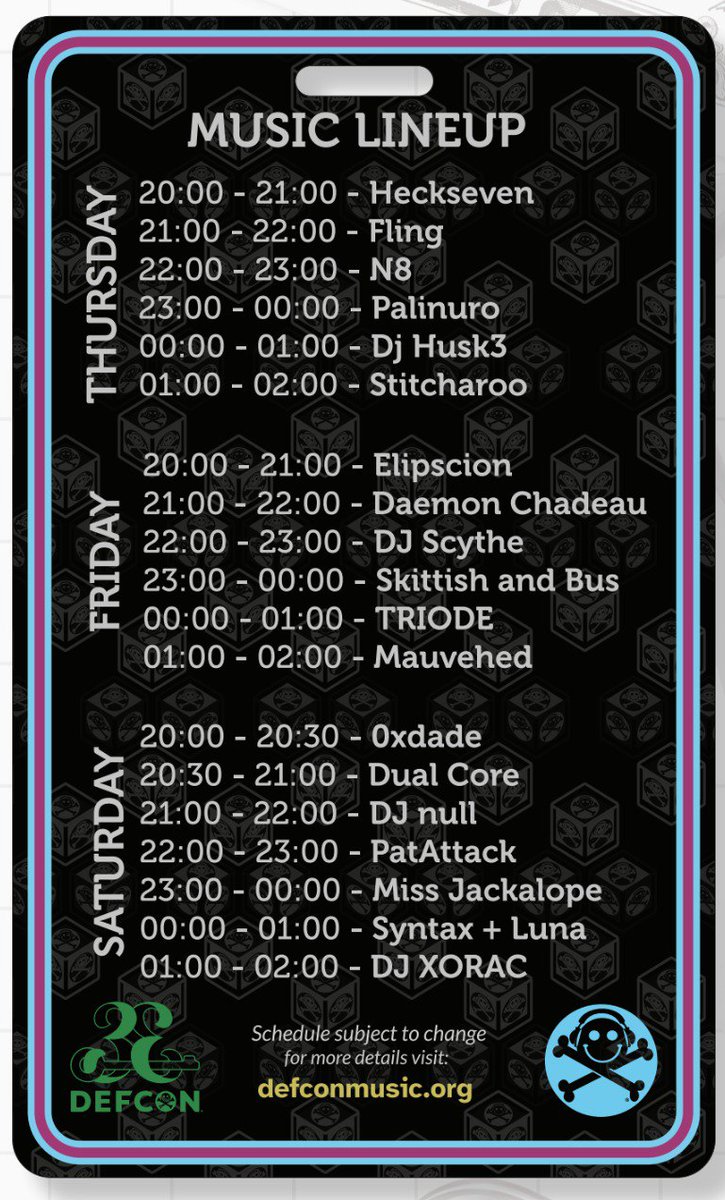 DEF CON A&E (@defcon_music) on Twitter photo STARTS TONIGHT! DEF CON 33 Lineup! These folks will decorate your earholes! defconmusic.org/def-con-33-art… #defcon #defcon33
<a href="/defcon/">DEF CON</a>
<a href="/DefconParrot/">DEF CON Parrot🦜</a>
<a href="/defconparties/">Defcon Parties</a>
#defconparties STARTS TONIGHT! DEF CON 33 Lineup! These folks will decorate your earholes! defconmusic.org/def-con-33-art… #defcon #defcon33
<a href="/defcon/">DEF CON</a>
<a href="/DefconParrot/">DEF CON Parrot🦜</a>
<a href="/defconparties/">Defcon Parties</a>
#defconparties