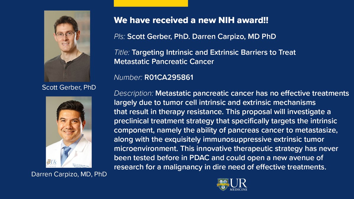 URMC Department of Surgery (@urochestersurg) on Twitter photo π¨ New NIH Award!
Congratulations to PIs, Scott Gerber, PhD & <a href="/DarrenCarpizo/">Darren Carpizo, MD, PhD</a>!
Title: Targeting Intrinsic and Extrinsic Barriers to Treat Metastatic Pancreatic Cancer
Strong work! πͺππ
<a href="/URMCSurgery/">URMC Surgery Residents</a> <a href="/UR_Med/">UR Medicine</a> <a href="/WilmotCancer/">Wilmot Cancer Institute</a> π¨ New NIH Award!
Congratulations to PIs, Scott Gerber, PhD & <a href="/DarrenCarpizo/">Darren Carpizo, MD, PhD</a>!
Title: Targeting Intrinsic and Extrinsic Barriers to Treat Metastatic Pancreatic Cancer
Strong work! πͺππ
<a href="/URMCSurgery/">URMC Surgery Residents</a> <a href="/UR_Med/">UR Medicine</a> <a href="/WilmotCancer/">Wilmot Cancer Institute</a>