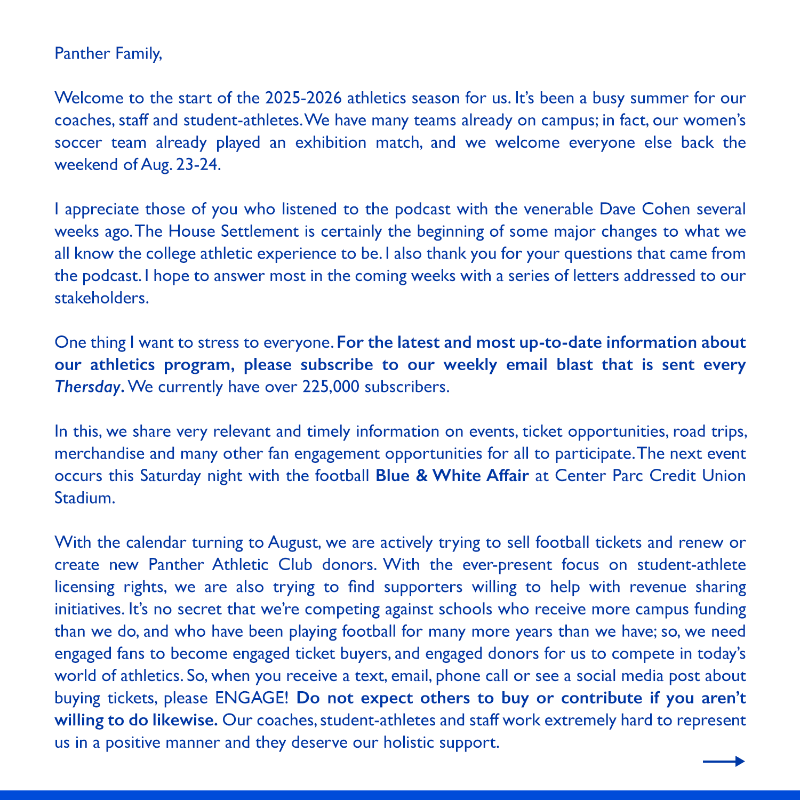 GSUPanthers's tweet photo. A Letter From Athletic Director Charlie Cobb

#LightItBlue