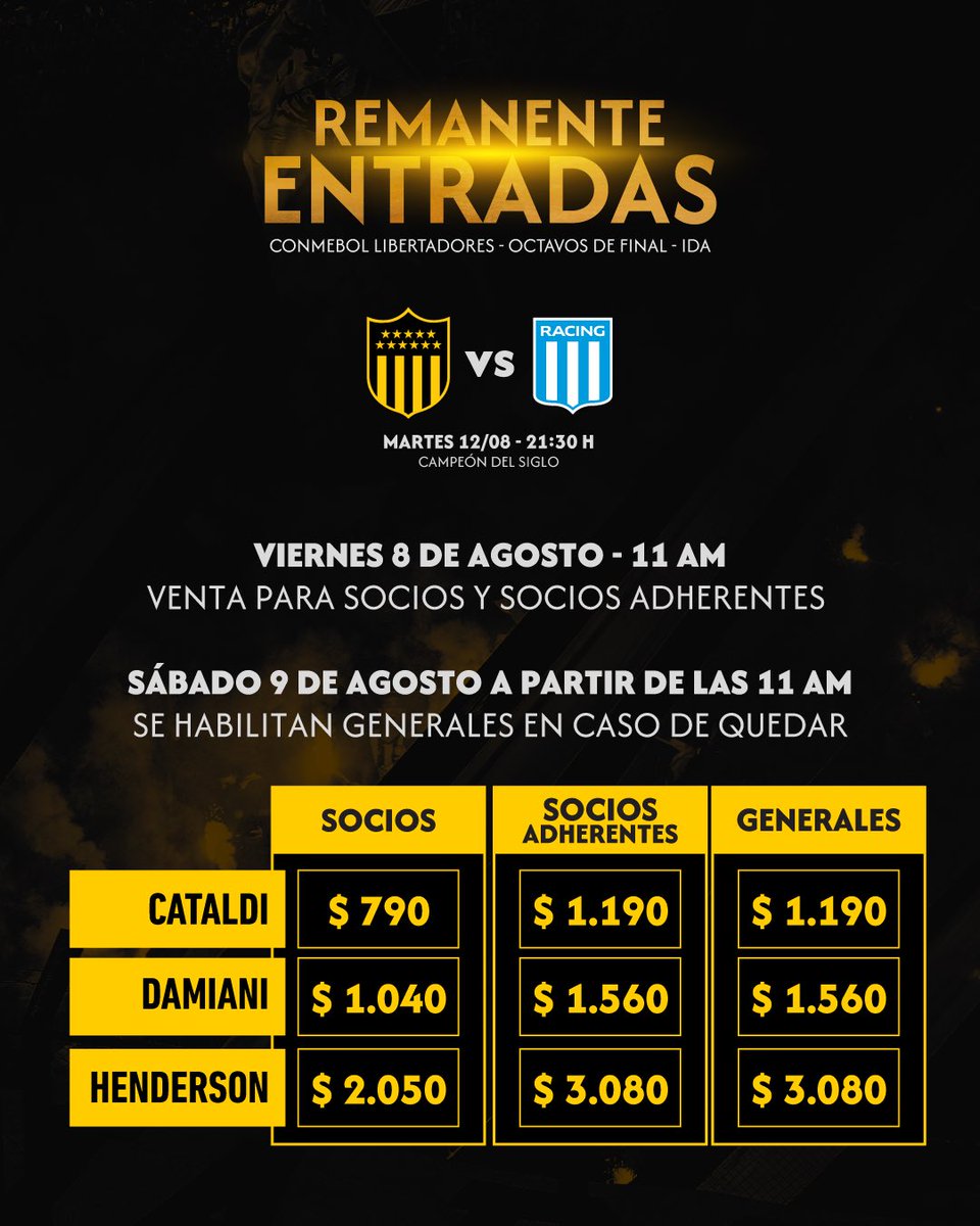 ¡Atención socios! 

Tras realizarse gestiones, se habilitará un remanente limitado de entradas para el partido vs Racing (ARG) en el Campeón del Siglo.  

✅ 100 Cataldi
✅ 100 Damiani
✅ 600 Henderson

Comienzo de venta mañana viernes 8/8 a las 11 AM a través de Tickantel 

📲